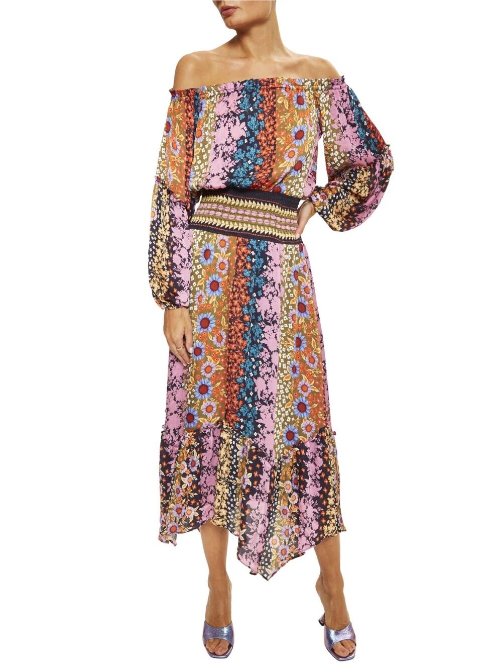 Ramy Brook Off Shoulder Ruffled Puffed Sleeves Danna Dress Multicolor Boho XS